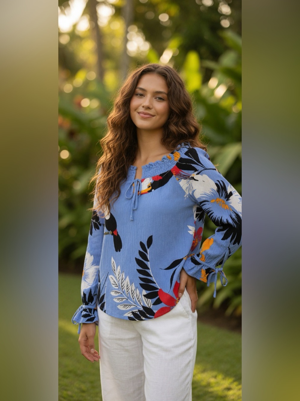 Fig and Flower Blue Floral Boho Blouse Women’s Tie Neck & Sleeve Top Casual